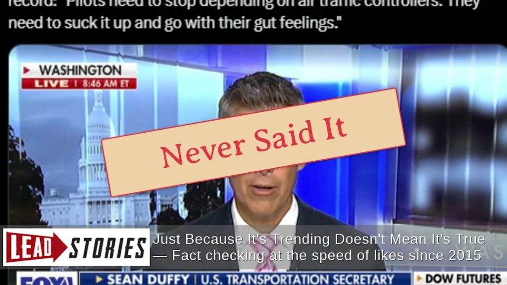 Transportation Secretary Sean Duffy Falsely Attributed Quote About Pilots and Air Traffic Controllers