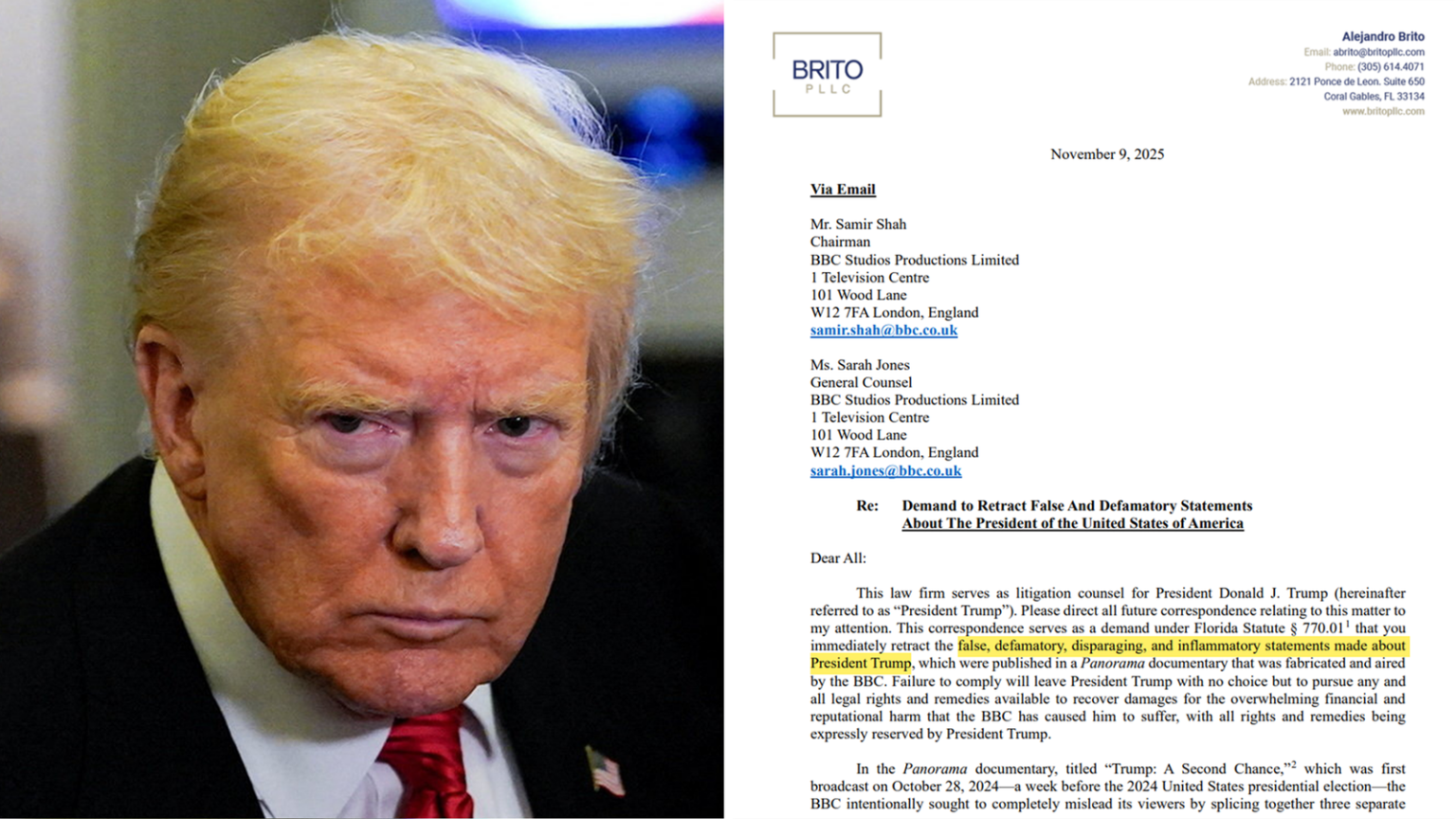 Trump’s Lawyer Threatens BBC with $1 Billion Lawsuit