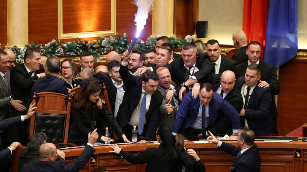 Albanian lawmakers scuffle, set off flares during parliament session