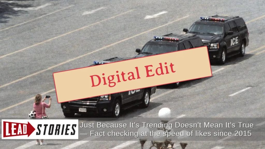 Woman Blocks ICE Vehicles in Edited Photo Inspired by 1989 Tiananmen Square Image, Not from Minneapolis
