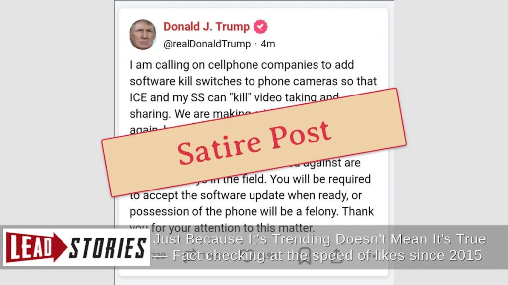 Trump Image on Truth Social Depicting Phone ‘Kill Switch’ for ICE Confirmed as Satire