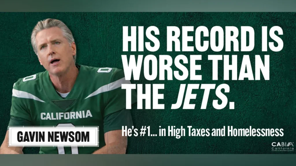 California Business Group Unveils Times Square Billboard Comparing Newsom to NY Jets During Super Bowl Week