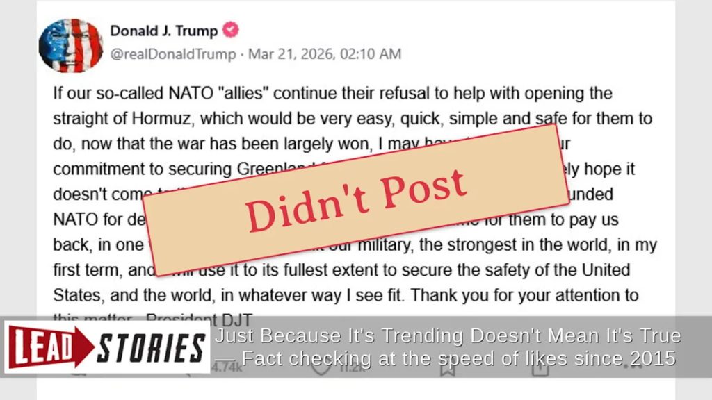 Trump Did Not Post Threat to NATO Allies Over Greenland, Support in Hormuz Strait