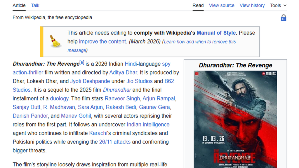 Indian Film Dhurandhar: The Revenge No Longer Labeled as Propaganda on Wikipedia