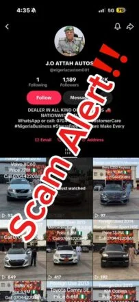 Nigeria Customs Warns of Fraudulent Instagram Vehicle Auction Account